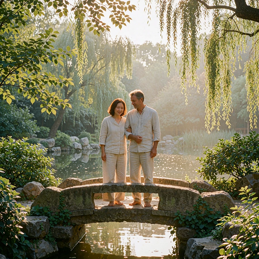 Couple standing together on an arched stone garden bridge, looking toward the water below with relaxed smiles