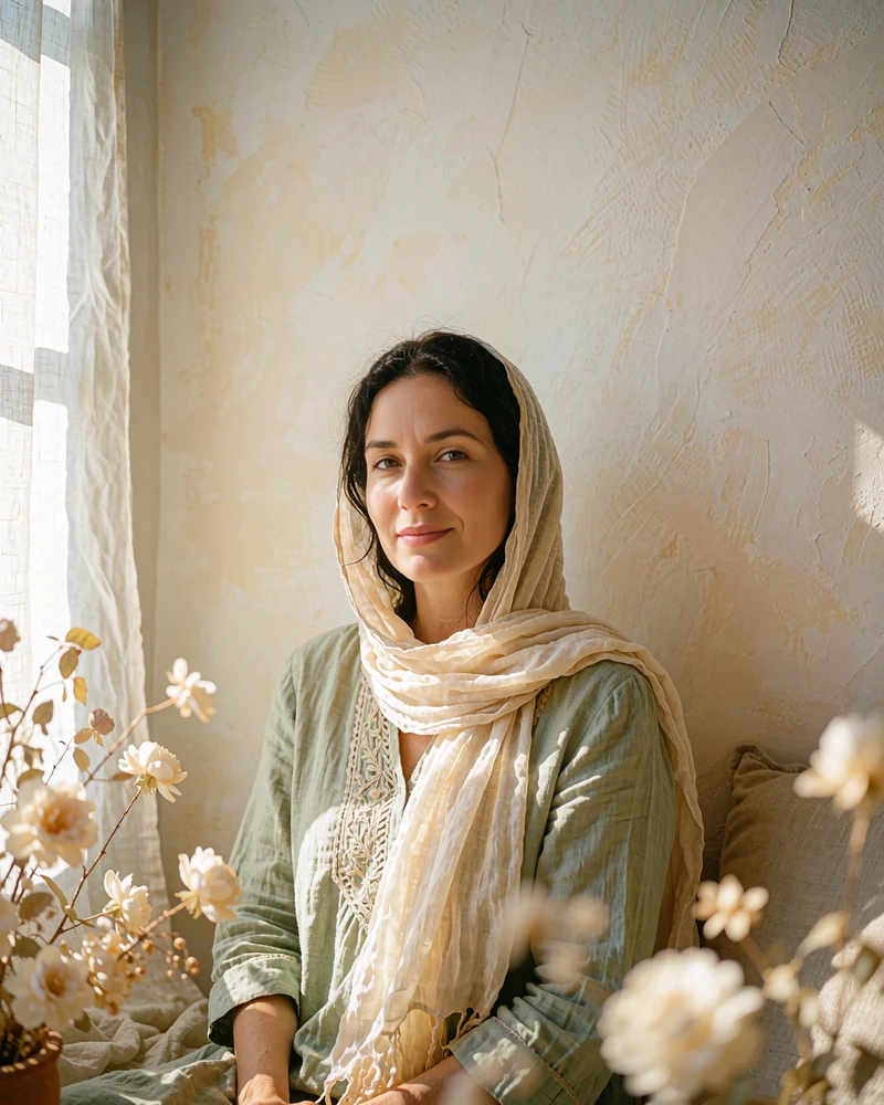 Afghan woman in a cream chiffon scarf and sage tunic smiling warmly against a sunlit plaster wall