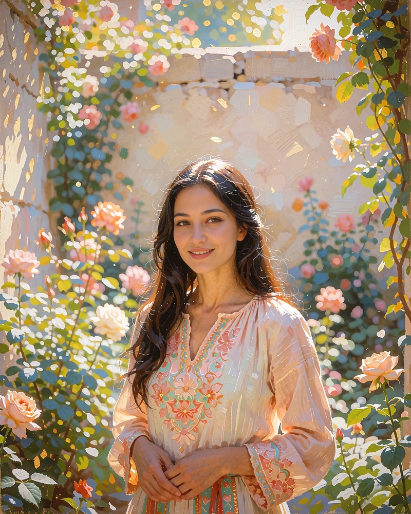 Tajik member in a blush embroidered blouse standing in a sunlit courtyard garden