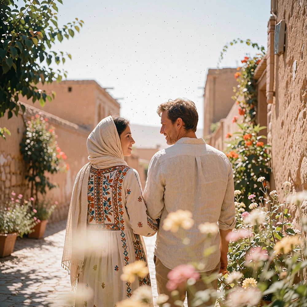Couple walking together along a sunlit old-town street, seen from behind in easy conversation