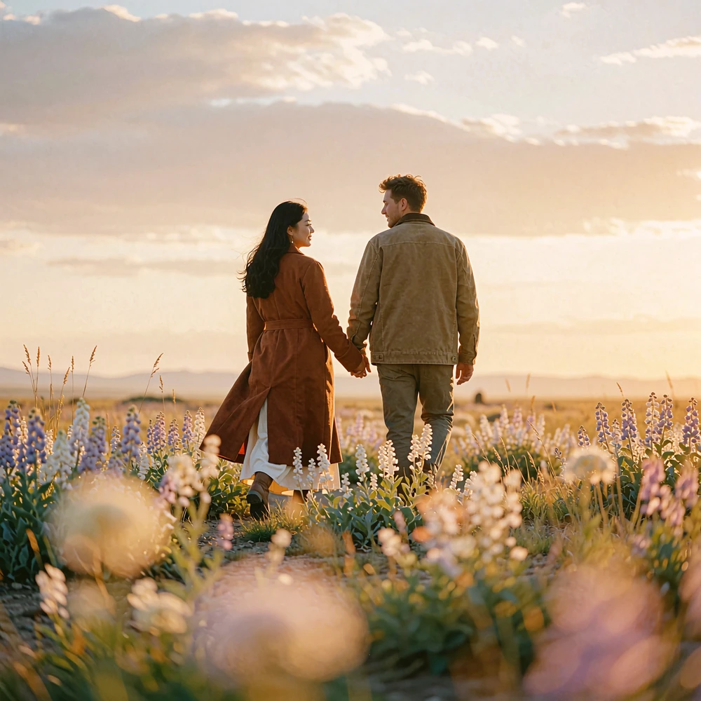 Couple walking hand in hand across open grassland at sunset, seen from behind