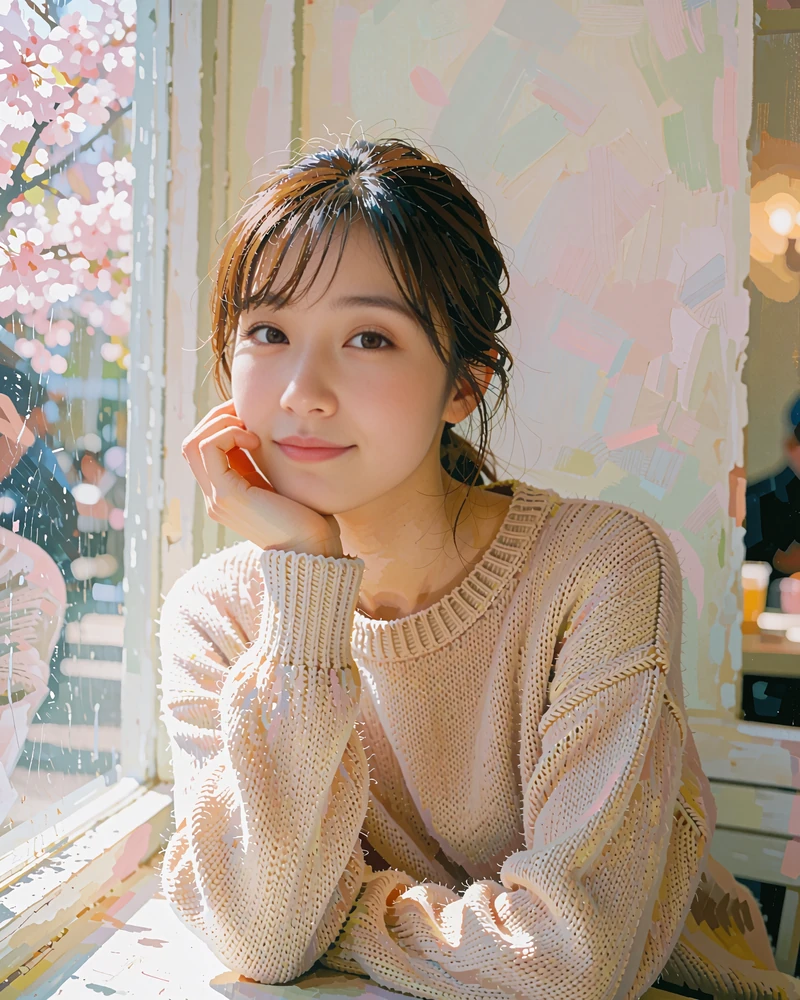 Japanese member in a beige knit sweater seated by a bright window in an upscale Tokyo cafe