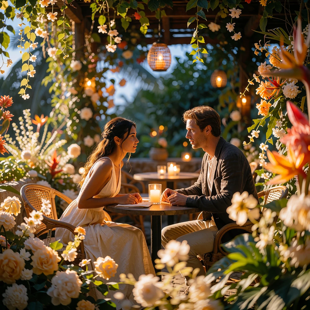 Couple seated at a candlelit open-air terrace table, leaning in during a relaxed evening conversation