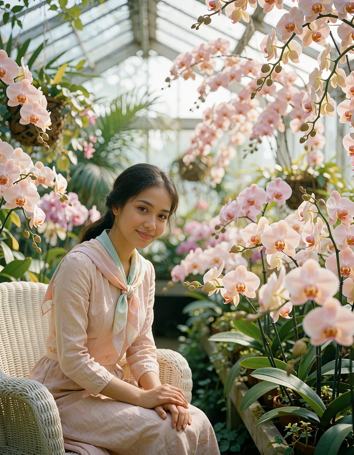 Bruneian member seated on a wicker chair inside a bright orchid conservatory with hands folded gently
